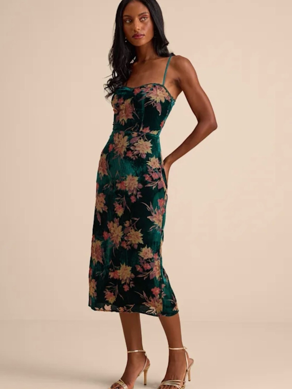 Lulus Green Floral Midi Slip Dress with Spaghetti Straps